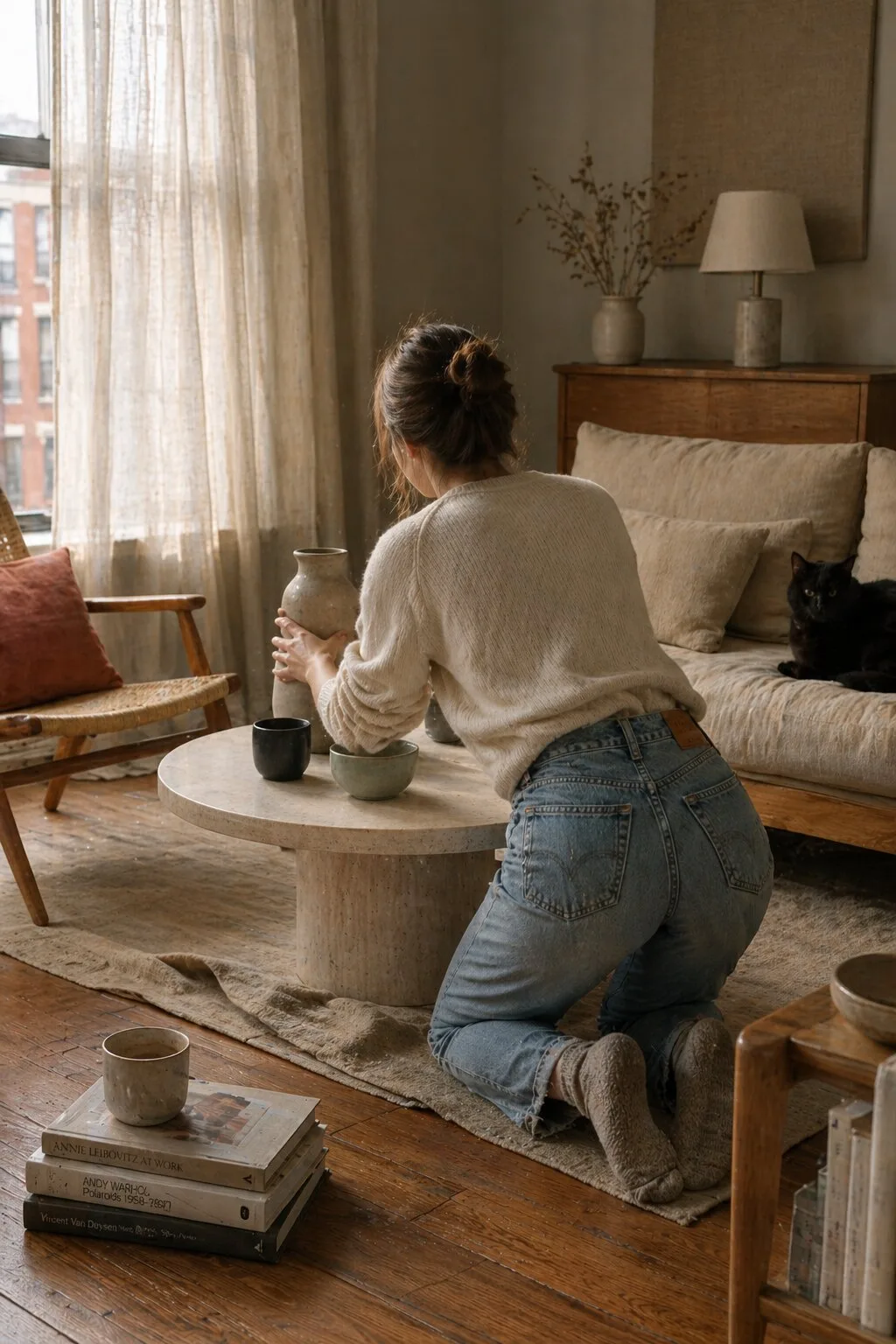 Emma's small Brooklyn studio styled in warm neutrals with natural light