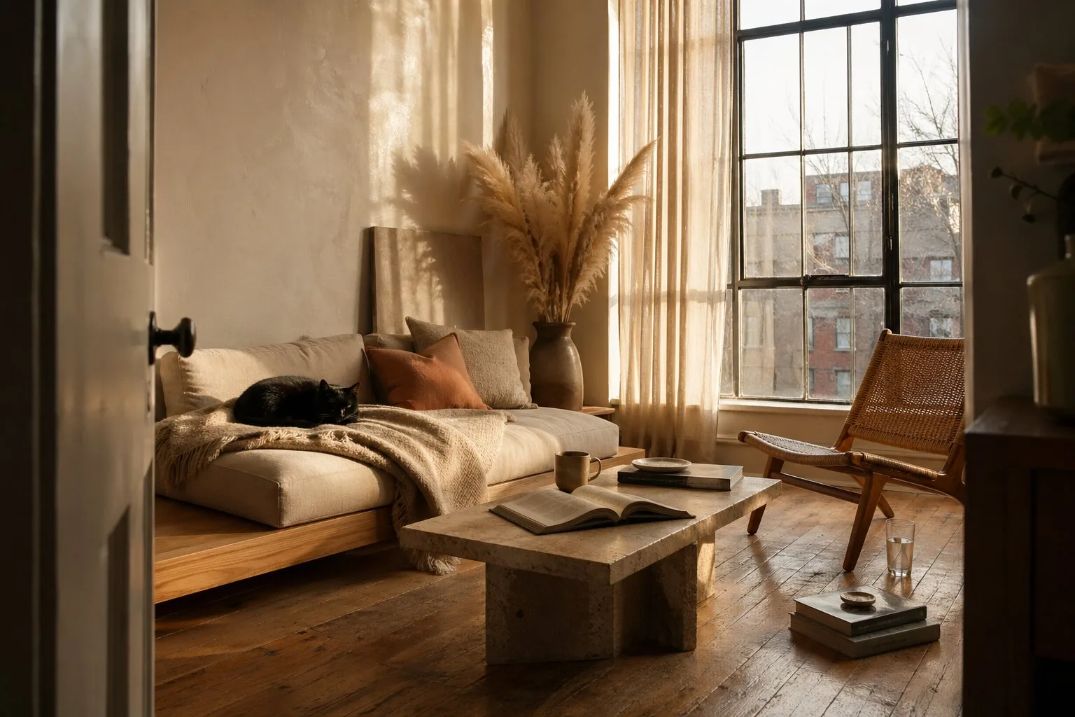 Sunlit small apartment interior with warm wood, beige textiles, and natural light